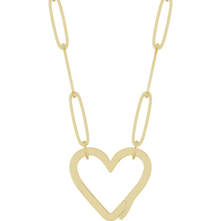 A gold paperclip chain necklace featuring a large, open heart-shaped bail pendant suspended from elongated oval links on a plain white background.