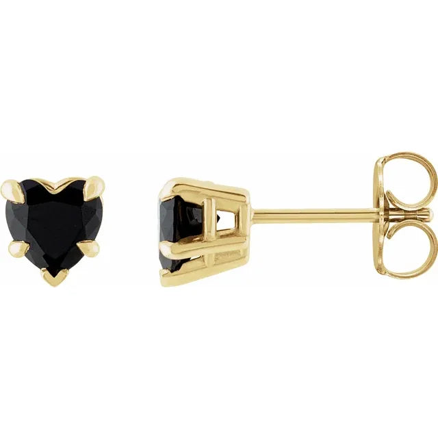 Claw Prong Natural Black Onyx December Birthstone Heart Stud Earrings 14K Yellow Gold