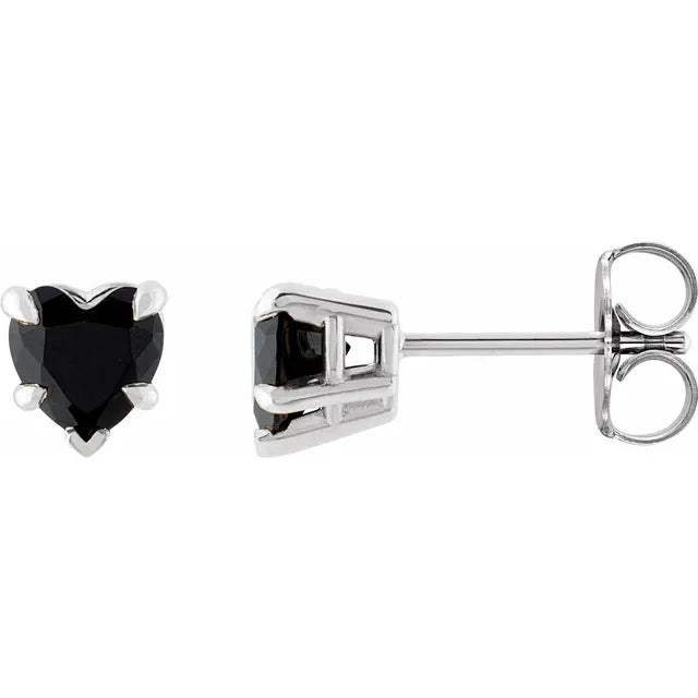 Claw Prong Natural Black Onyx December Birthstone Heart Stud Earrings 14K White Gold
