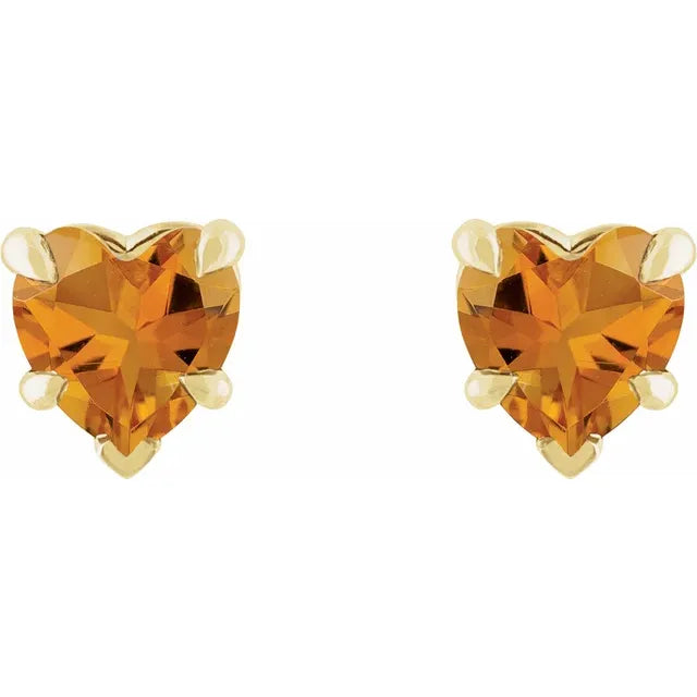 Claw Prong Natural Citrine November Birthstone Heart Stud Earrings 14K Yellow Gold