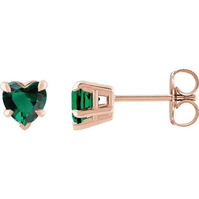 Claw Prong Lab-Grown Emerald May Birthstone Heart Stud Earrings 14K Rose Gold 