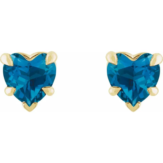 Claw Prong Natural London Blue Topaz December Birthstone Heart Stud Earrings 14K Yellow Gold