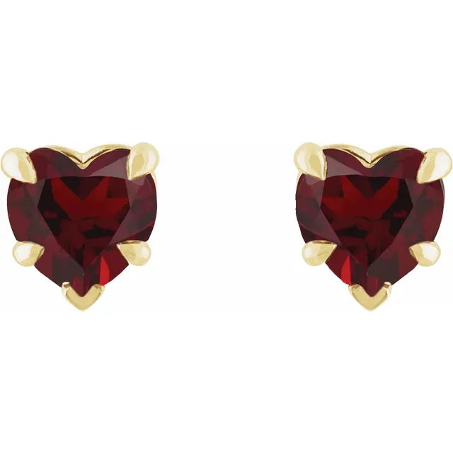 Claw Prong Natural Mozambique Garnet January Birthstone Heart Stud Earrings 14K Yellow Gold