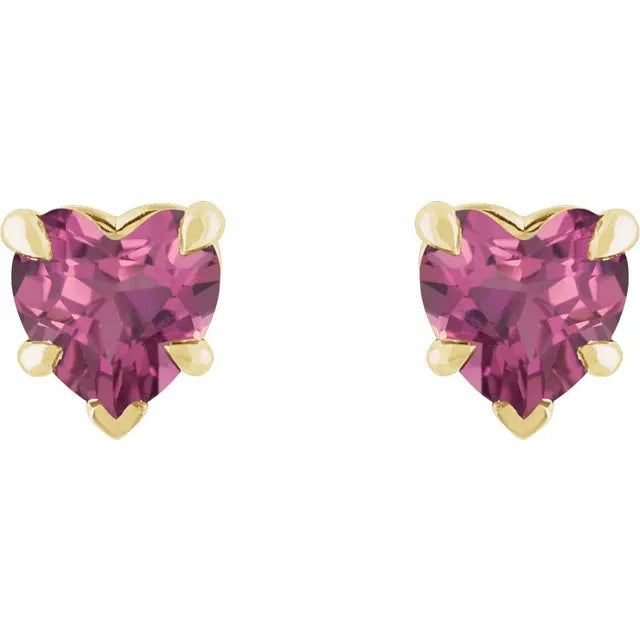 Claw Prong Natural Pink Tourmaline October Birthstone Heart Stud Earrings 14K Yellow Gold
