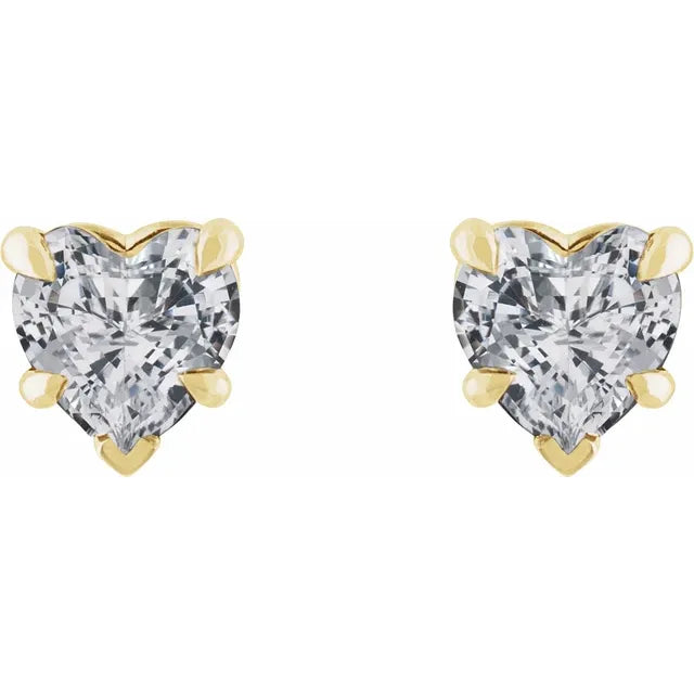 Claw Prong Natural White Sapphire Heart Stud Earrings 14K Yellow Gold