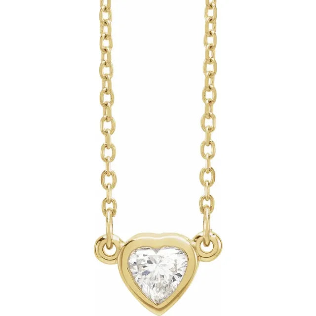 Heart Shape 1/4 CT Natural Faceted Diamond Solitaire Bezel-Set Adjustable Necklace Solid 14K Yellow Gold