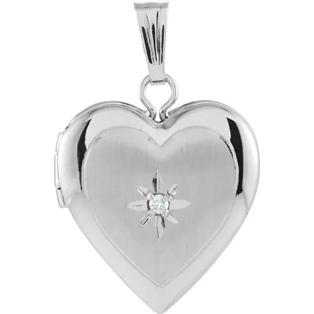 Heart Shaped Diamond Two Image Locket Solid 14K White Gold 