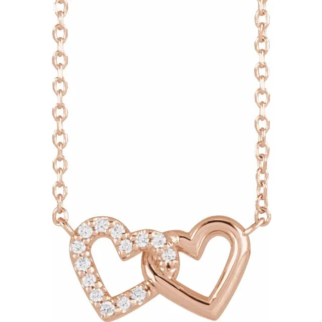 Double Interlocking Petite Heart Natural Diamond Adjustable Necklace in Solid 14K Rose Gold