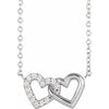 Double Interlocking Petite Heart Natural Diamond Adjustable Necklace in Solid 14K White Gold