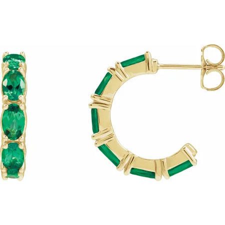 Lab-Grown Emerald Gemstone Birthstone Hoop Earrings Solid 14K Yellow Gold