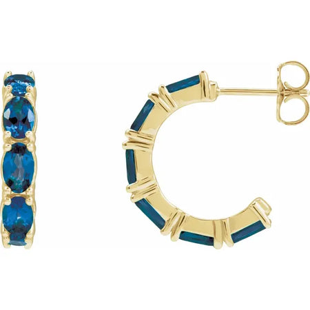 Lab-Grown Blue Sapphire Gemstone Birthstone Hoop Earrings Solid 14K Yellow Gold