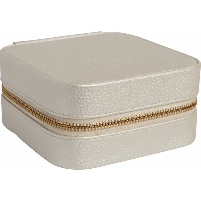 Outside of Leatherette Champagne Jewelry Box Travel Case With Mirror