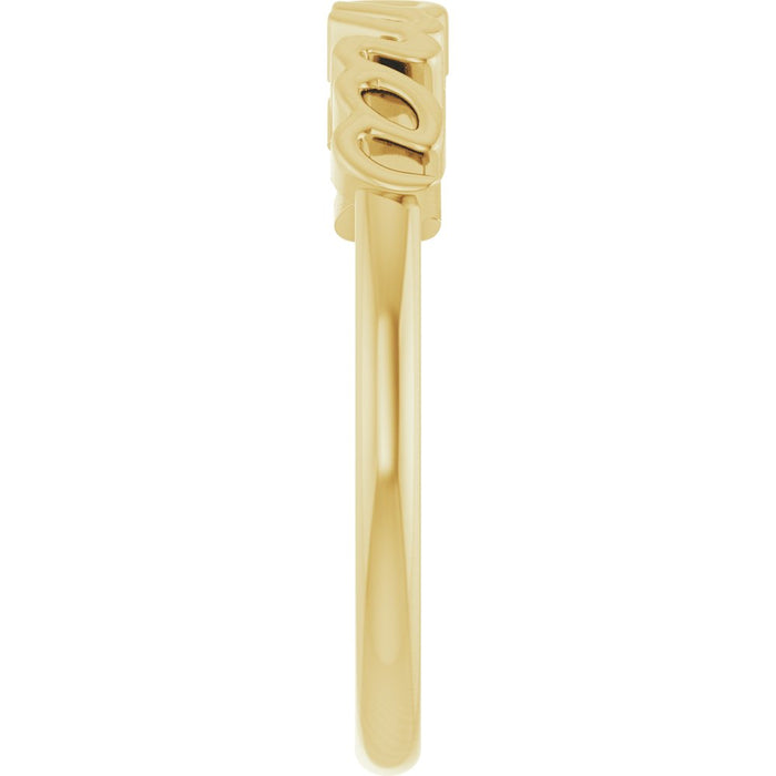 Gold 'mama' script ring on a white background