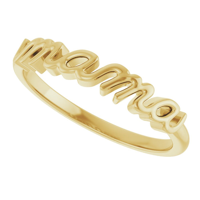 Gold script ring with 'mama' engraving on a white background