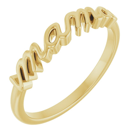 Gold ring with 'mama' engraving on a white background