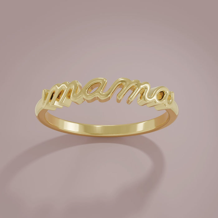Gold script ring with 'mama' on a pink background