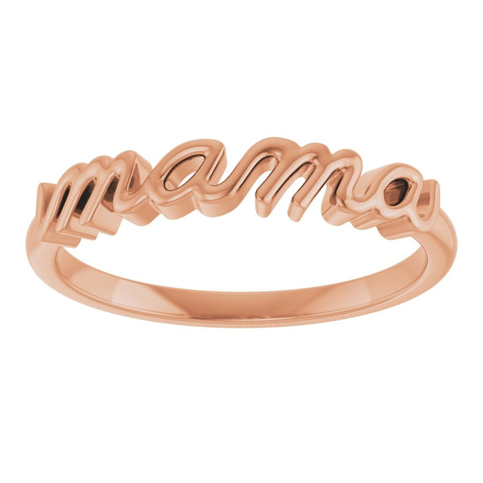 Rose gold script ring with 'mama' engraving on a white background