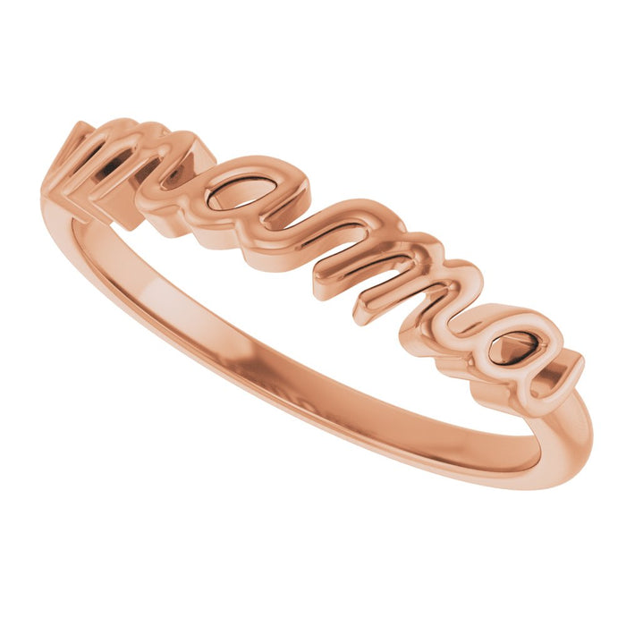 Rose gold script ring with 'mama' engraving on a white background