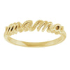 Gold script ring with 'mama' engraving on a white background