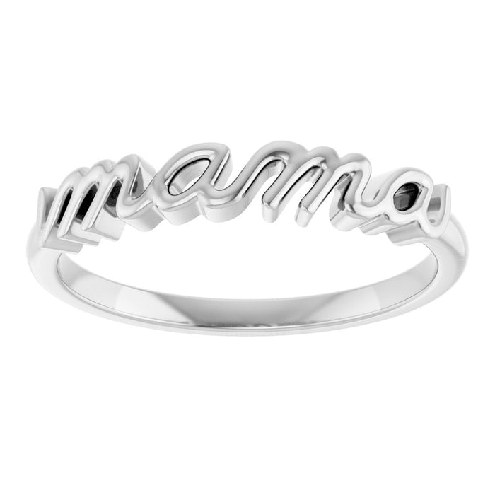 White gold script ring with 'mama' engraving on a white background