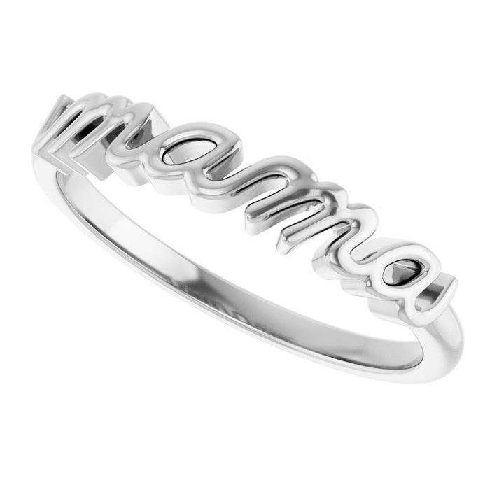 White gold script ring with 'mama' engraving on a white background
