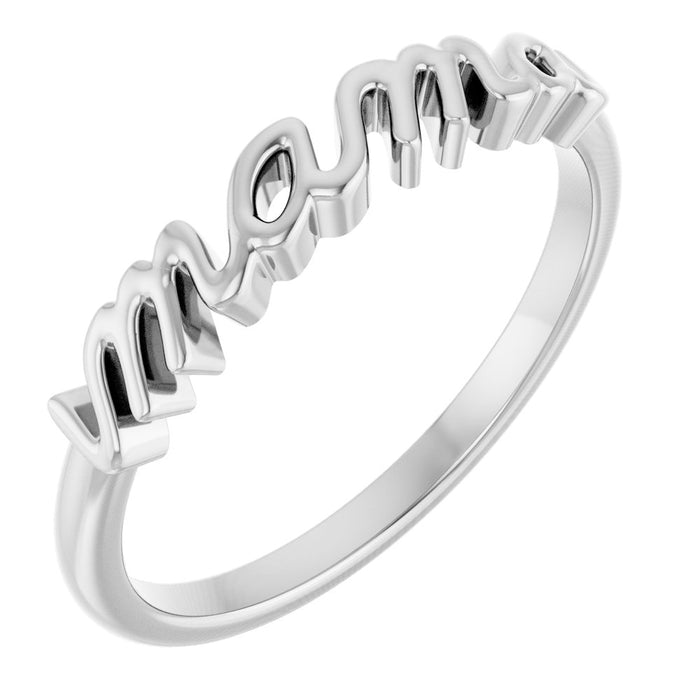 White gold script ring with 'mama' engraving on a white background