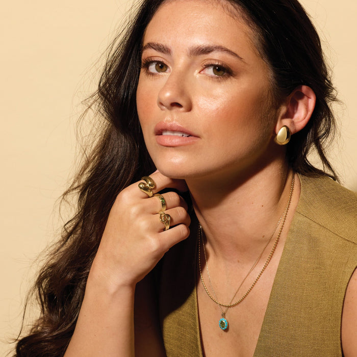 Model Wearing our Peridot & Natural Turquoise Pendant Necklace 