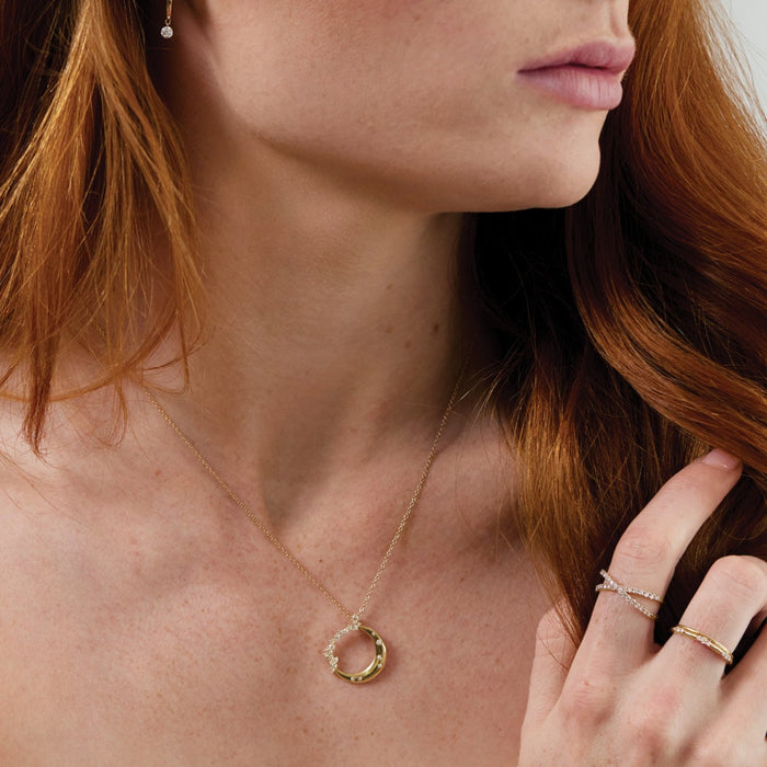 Model Wearing Celestial Crescent Moon Diamond Necklace in Solid 14K Yellow Gold