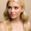 Woman with long blonde hair and pink lipstick against a beige background wearing birthstone necklaces