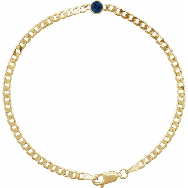 Natural Blue Sapphire September Birthstone Bezel Set Curb Chain Link Bracelet Solid 14K yellow Gold