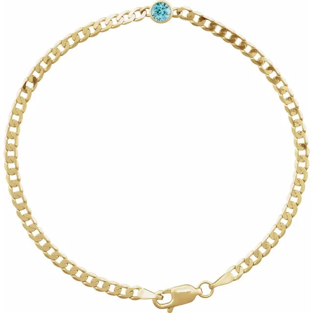 Natural Blue Zircon December Birthstone Bezel Set Curb Chain Link Bracelet Solid 14K yellow Gold