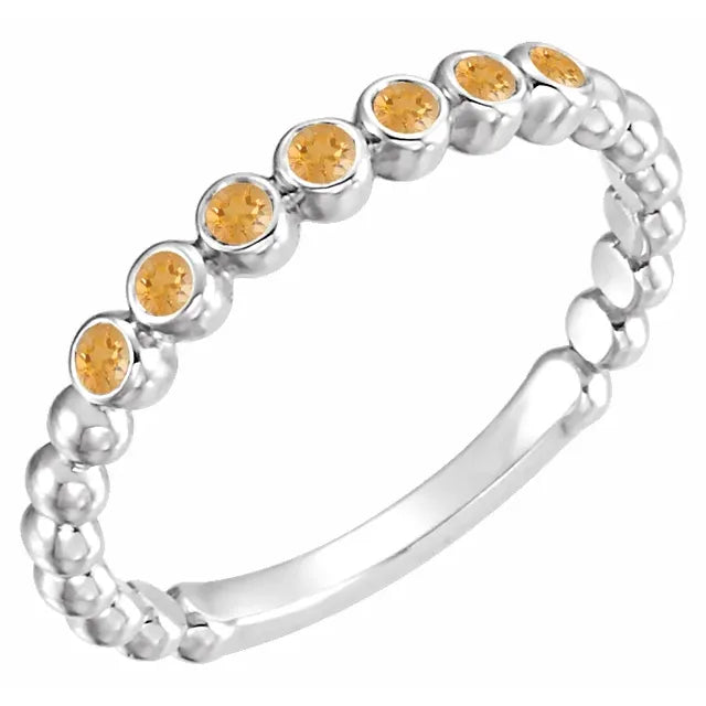 Bezel-Set Natural Citrine November Birthstone Bead Detail Stackable Ring in 14K White Gold 