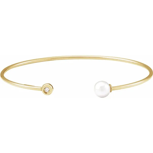 Cultured Pearl & Natural Diamond Cuff Bracelet Solid 14K Yellow Gold