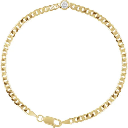 Natural Diamond Bezel Set Curb Chain Link Bracelet Solid 14K yellow Gold