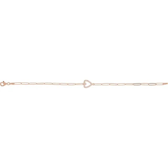 Natural Diamond Heart Paperclip Chain Bracelet Lobster Clasp Solid 14K Rose Gold 7"