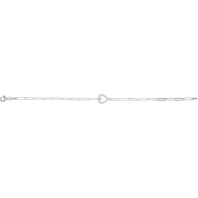 Natural Diamond Heart Paperclip Chain Bracelet Lobster Clasp Solid 14K White Gold 7"