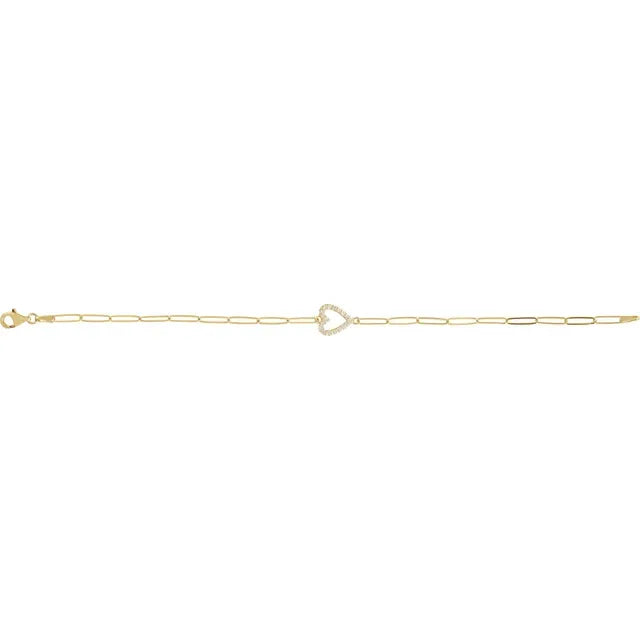 Natural Diamond Heart Paperclip Chain Bracelet Lobster Clasp Solid 14K Yellow Gold 7"