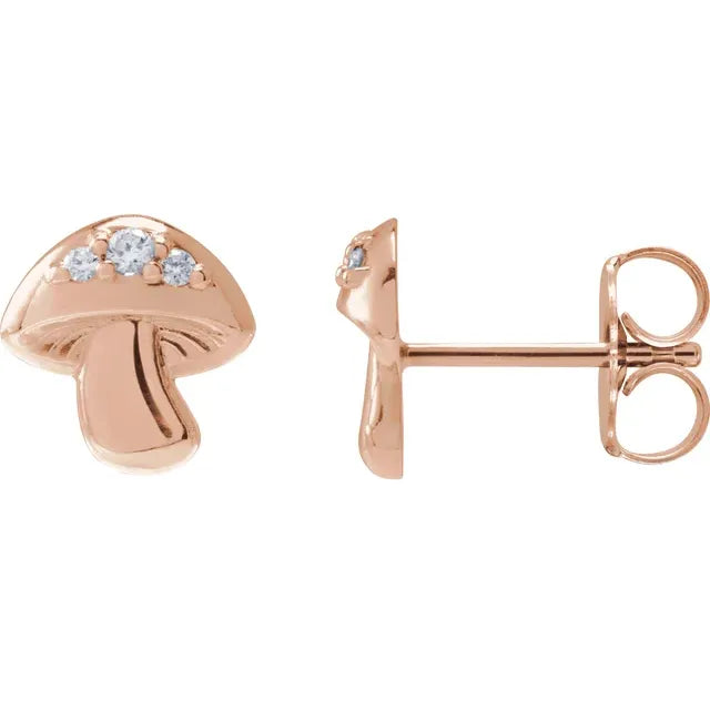 Natural Diamond Mushroom Stud Earrings Solid 14K Rose Gold