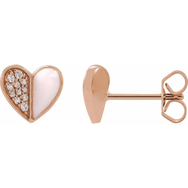 Natural Diamond 1/10 CTW Pink Enamel Heart Stud Earrings Solid 14K Rose Gold 