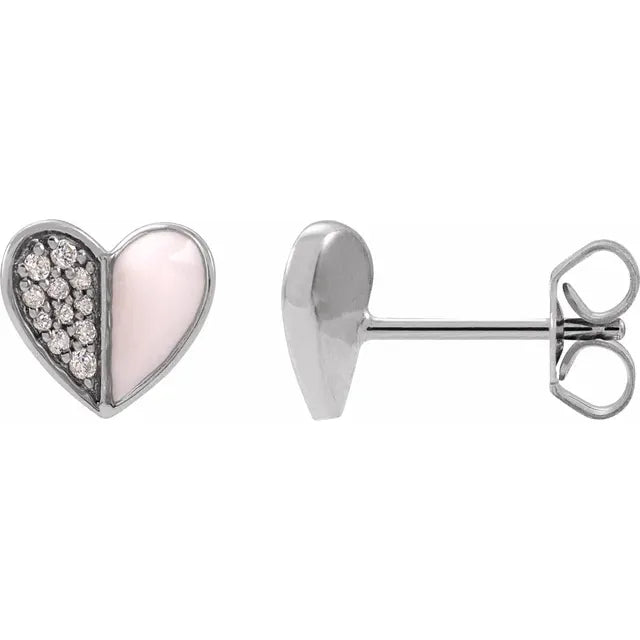 Natural Diamond 1/10 CTW Pink Enamel Heart Stud Earrings Solid 14K White Gold 