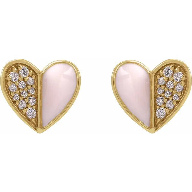 Natural Diamond 1/10 CTW Pink Enamel Heart Stud Earrings Solid 14K Yellow Gold 