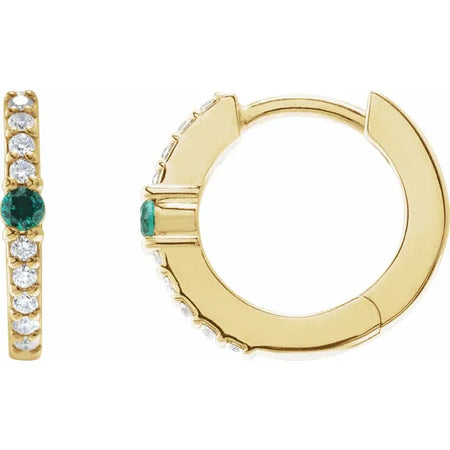 Lab Grown Emerald & Diamond Hinged Hoop Earrings Solid 14K Yellow Gold