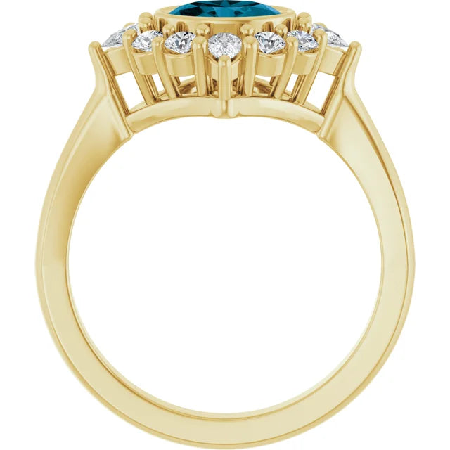 Natural Oval London Blue & 3/8 CTW Lab-Grown Diamond Halo Style Ring Solid 14K Yellow Gold