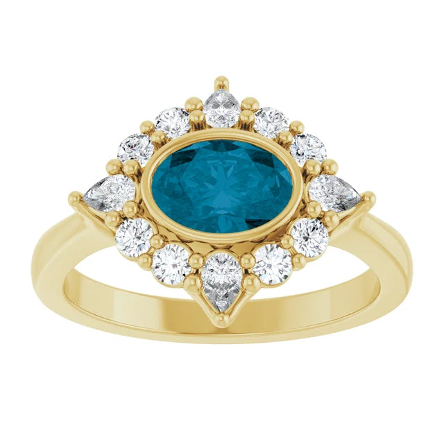 Natural Oval London Blue & 3/8 CTW Lab-Grown Diamond Halo Style Ring Solid 14K Yellow Gold