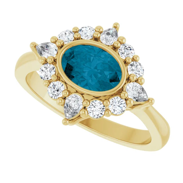 Natural Oval London Blue & 3/8 CTW Lab-Grown Diamond Halo Style Ring Solid 14K Yellow Gold