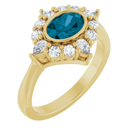 Natural Oval London Blue & 3/8 CTW Lab-Grown Diamond Halo Style Ring Solid 14K Yellow Gold 