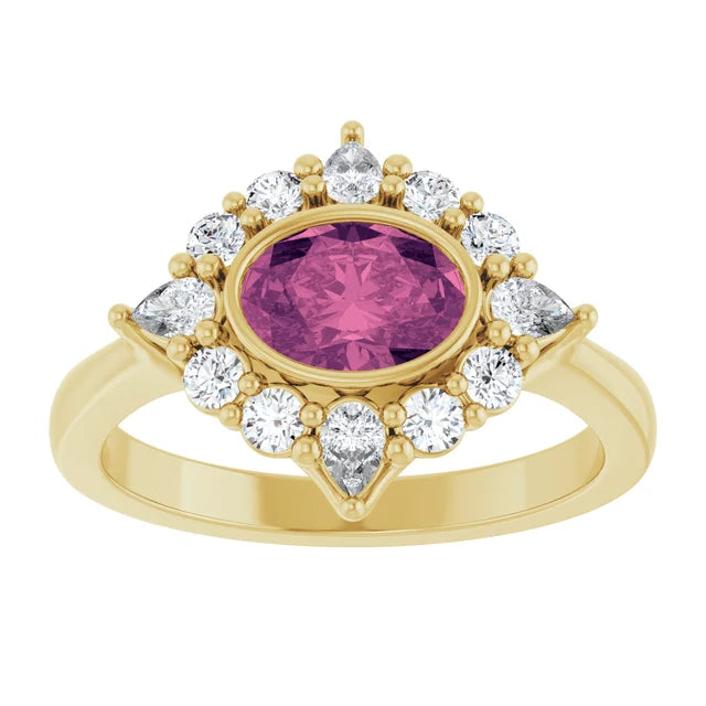 Natural Oval Pink Tourmaline & 3/8 CTW Lab-Grown Diamond Halo Style Ring Solid 14K Yellow Gold 