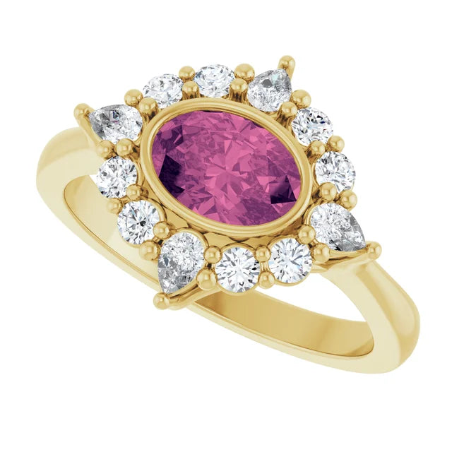 Natural Oval Pink Tourmaline and Lab-Grown Diamond Halo Style Ring Solid 14K Gold