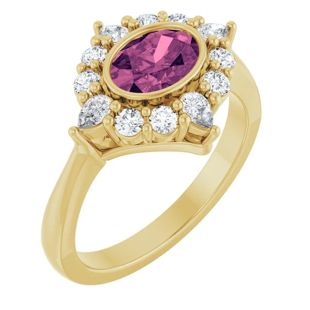 Natural Oval Pink Tourmaline & 3/8 CTW Lab-Grown Diamond Halo Style Ring Solid 14K Yellow Gold 