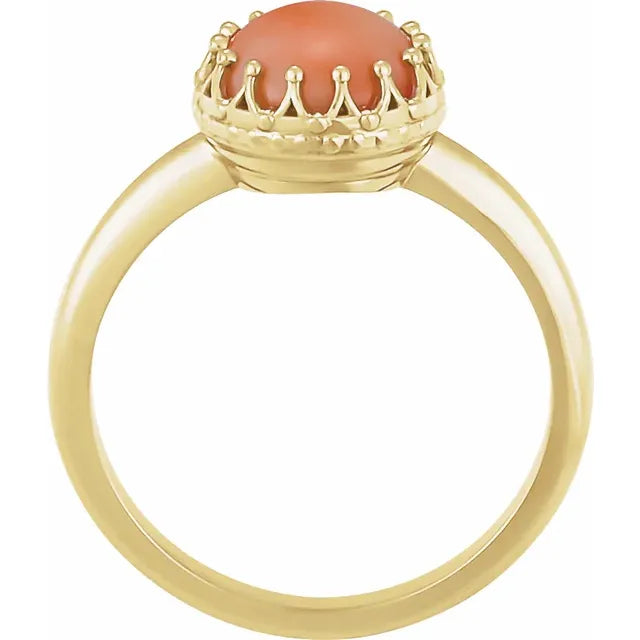 Natural Pink Coral Cabochon Crown Solitaire Ring Solid 14K Gold